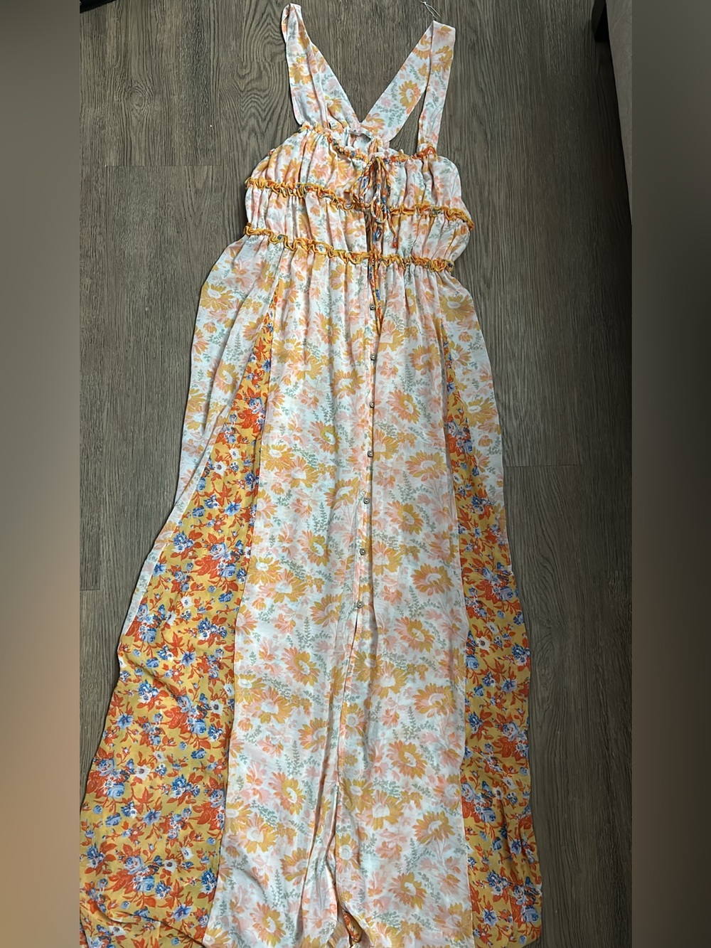 Free People Yellow Floral Maxi Dress with Smocked Bodice